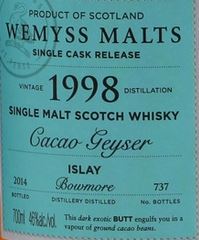 Bowmore 1998 Cacao Geyser Label